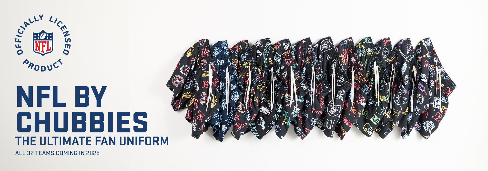 NFL By Chubbies - The Ultimate Fan uniform - Image of 12 swim trunks with leam logos on them.m
