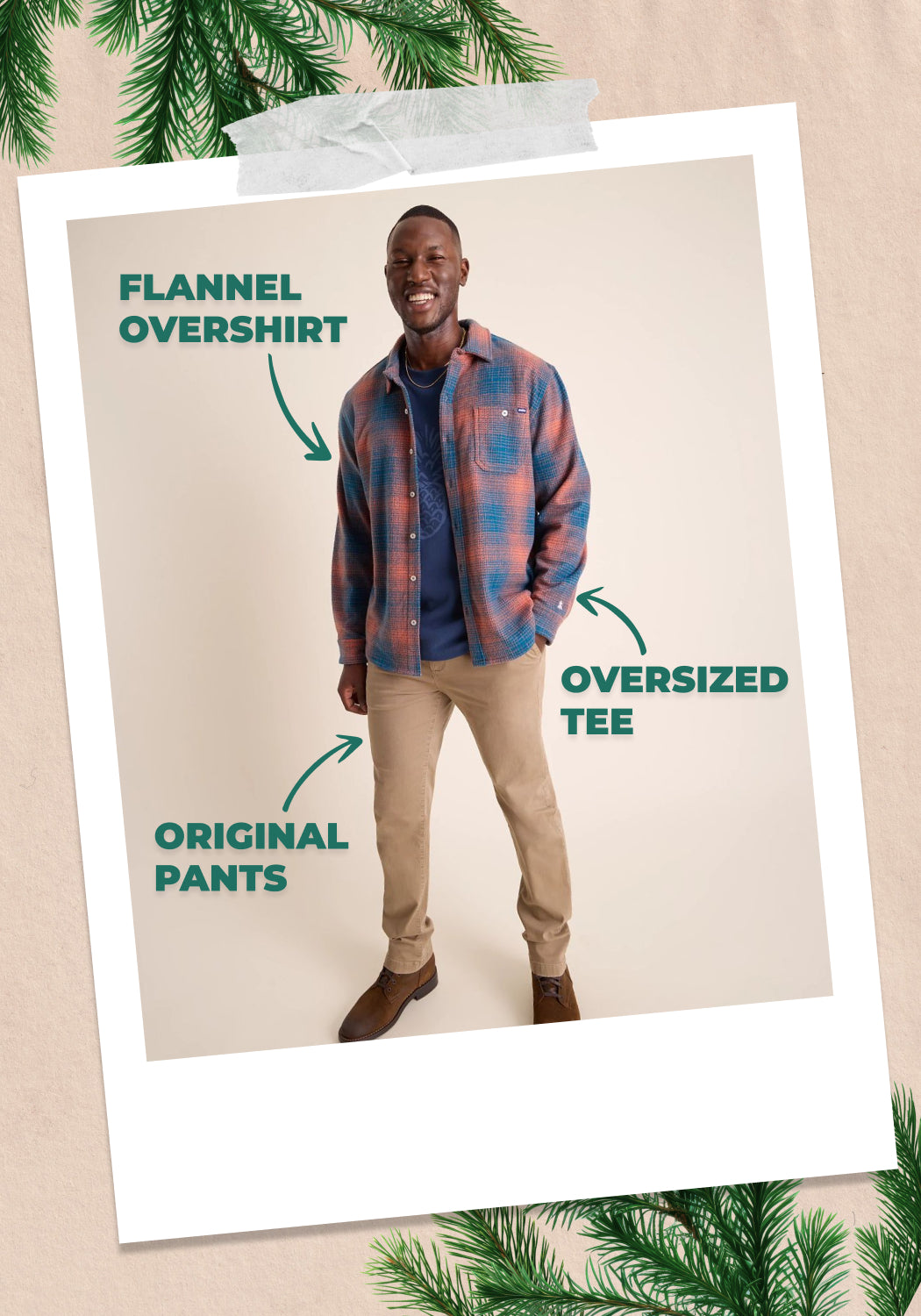 Holiday Outfitting Man wearing Chubbies flannel overshirt, oversized tee and original pants