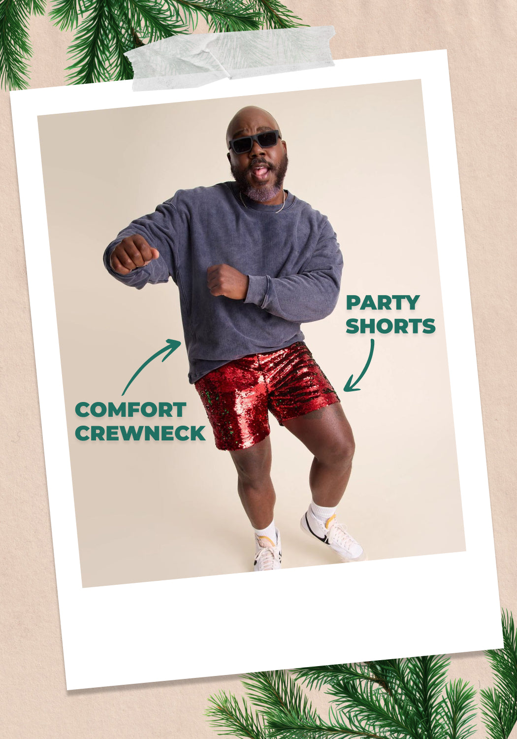 Holiday Outfitting Man wearing Chubbies party short and comfort crewneck