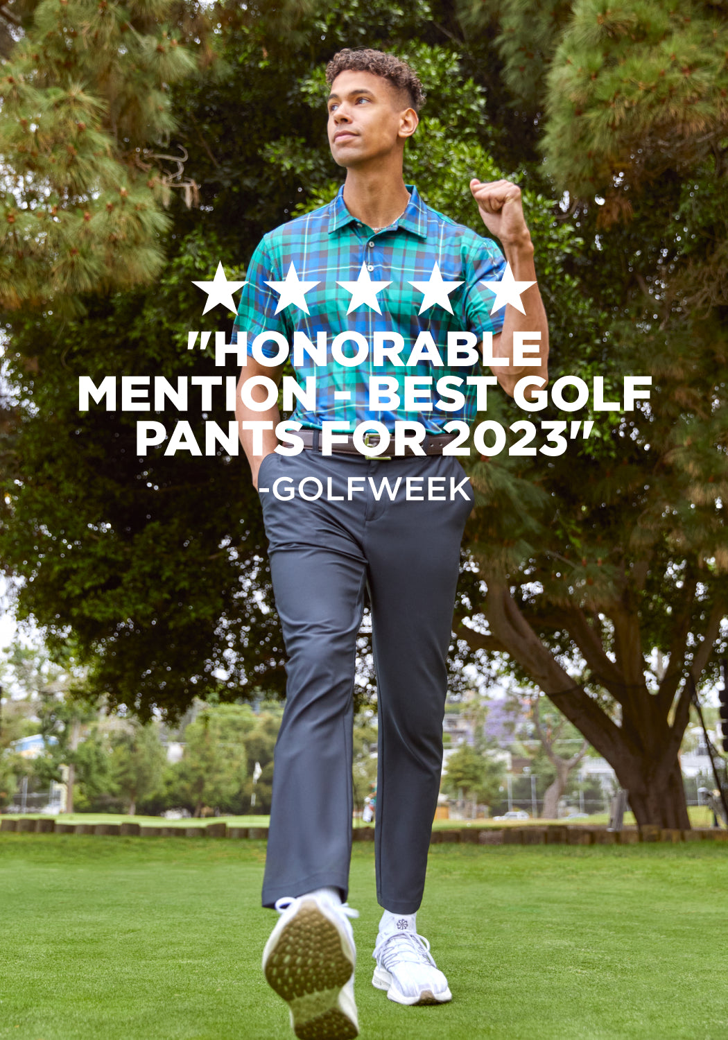 Man wearing pants on golf course with 5 stars and text "Honorable mention - best golf pants for 2023 - Golfweek"