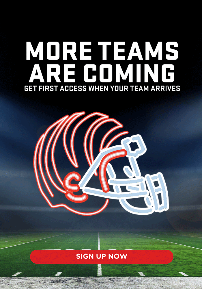 GIF of rotating helmets letting customers know that more teams are coming soon - click to sign up to be notified when they drop
