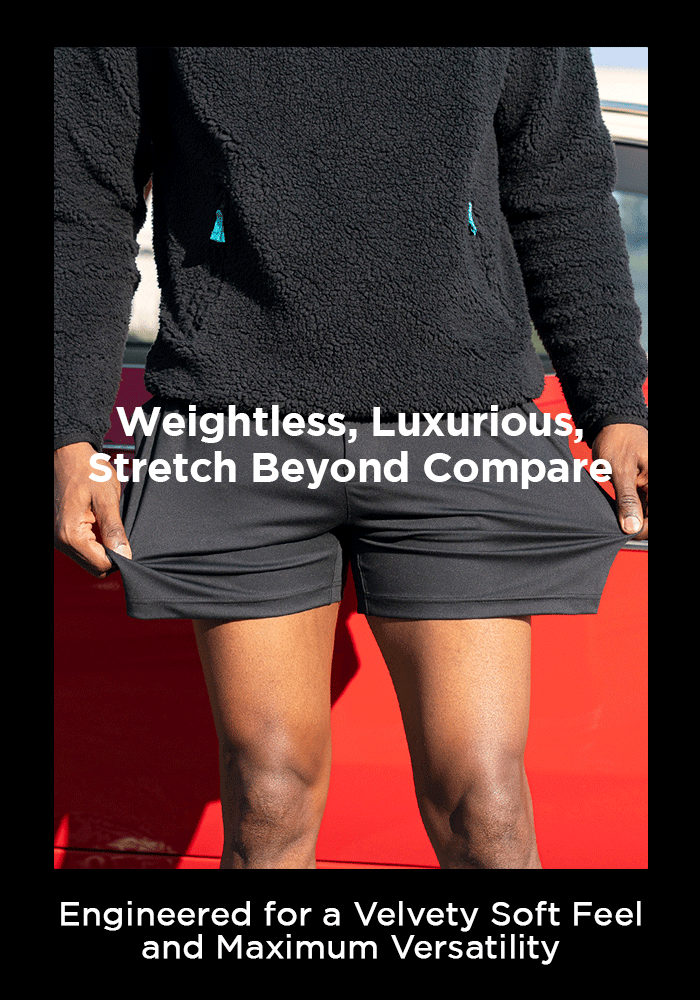 Movementum Gif GIF of man stretching shorts with text "weightless, luxurious, stretch beyond compare. Engineered for a velvety soft feel and maximum versatility"